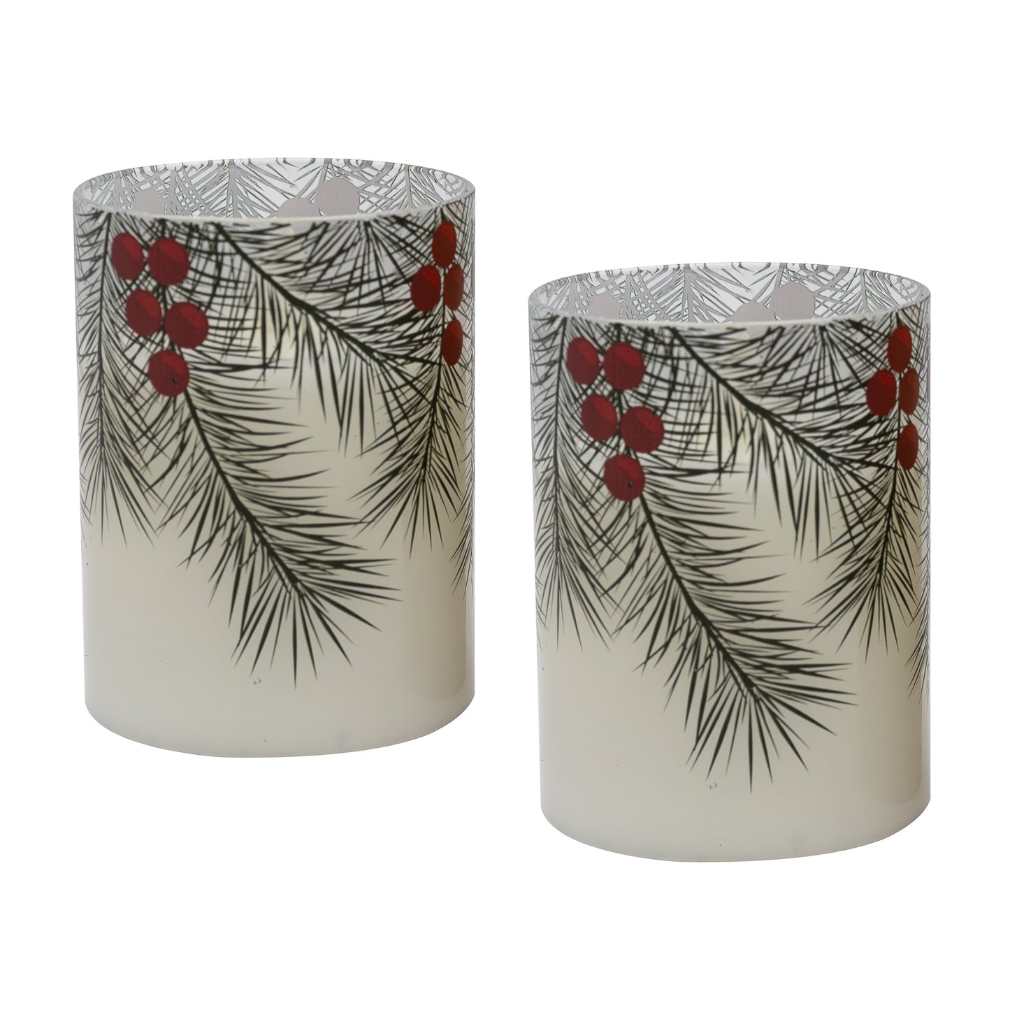 Battery Operated LED Glass Candles with Flickering Flame, Green Pines - Set of 2