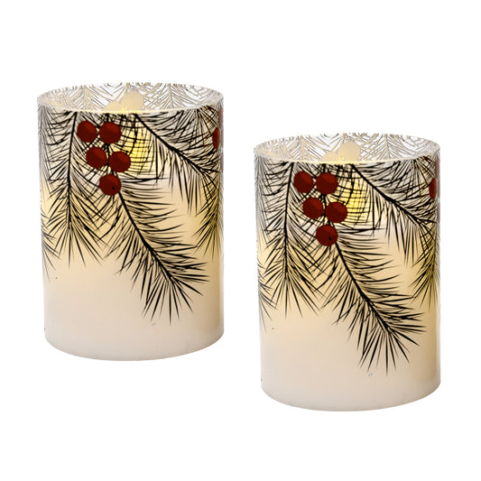 Battery Operated LED Glass Candles with Flickering Flame, Green Pines - Set of 2