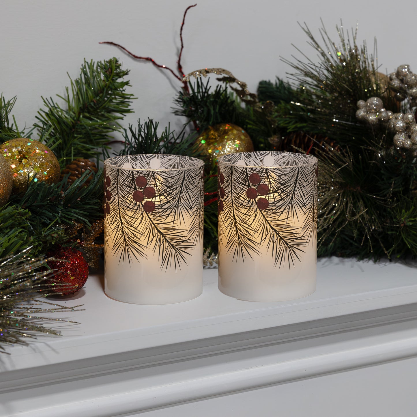 Battery Operated LED Glass Candles with Flickering Flame, Green Pines - Set of 2