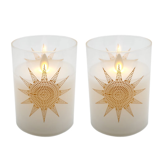 Battery Operated Glass LED Candles with Flickering Flame, Mosaic Sun - Set of 2