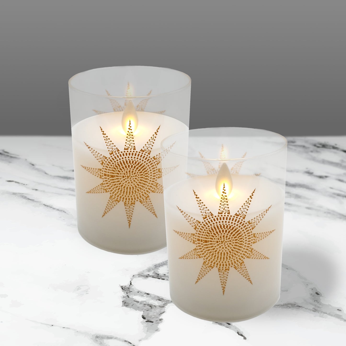 Battery Operated Glass LED Candles with Flickering Flame, Mosaic Sun - Set of 2