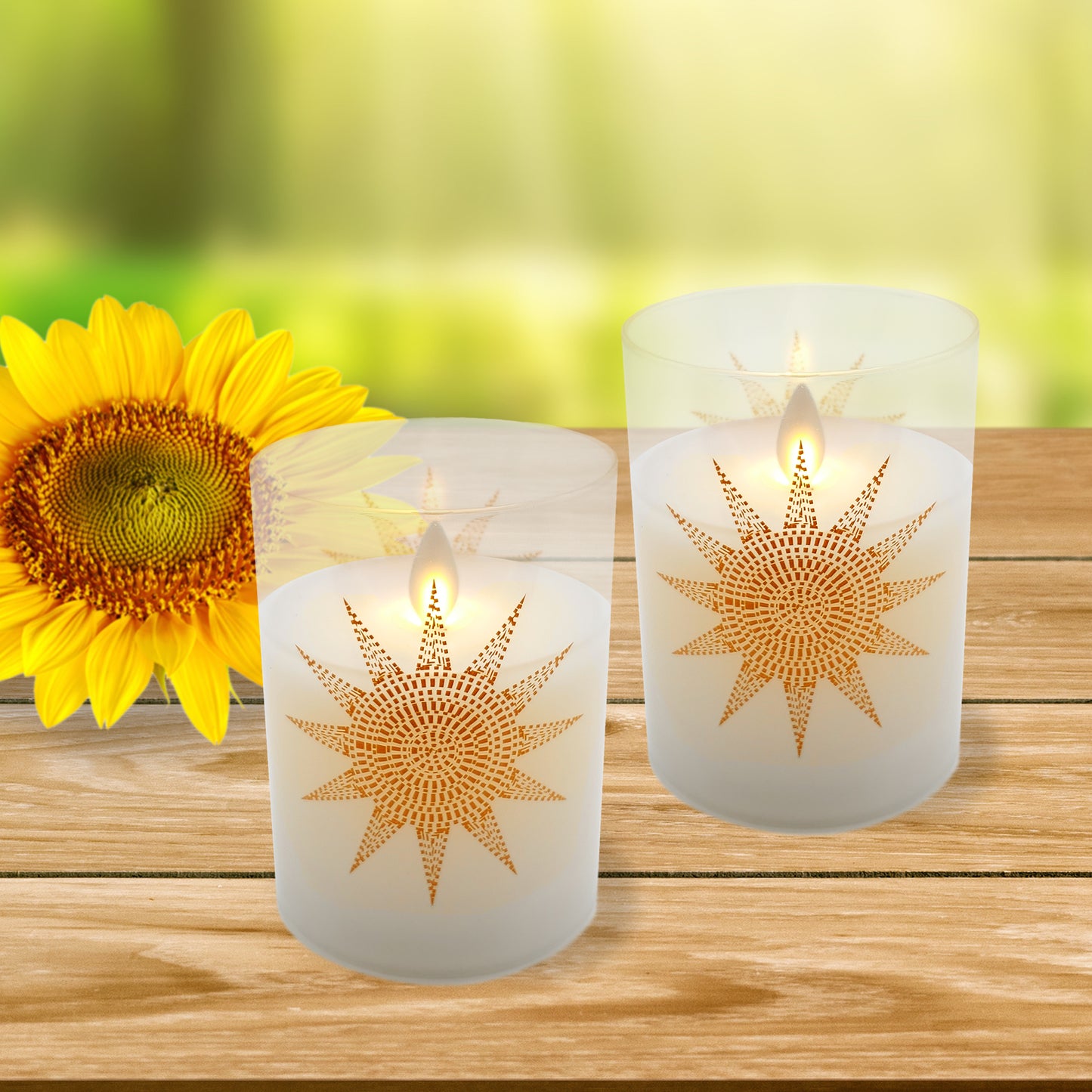 Battery Operated Glass LED Candles with Flickering Flame, Mosaic Sun - Set of 2