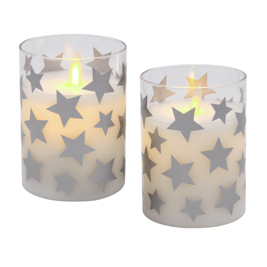 Battery Operated Glass LED Candles with Flickering Flame, Silver Star - Set of 2