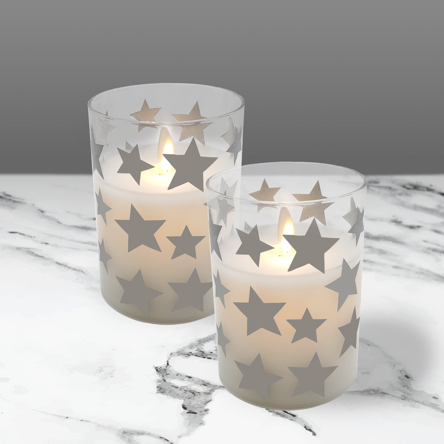 Battery Operated Glass LED Candles with Flickering Flame, Silver Star - Set of 2