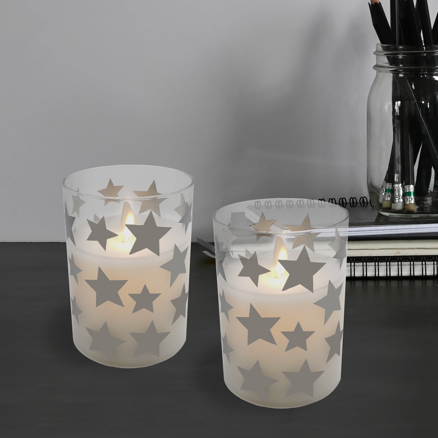 Battery Operated Glass LED Candles with Flickering Flame, Silver Star - Set of 2