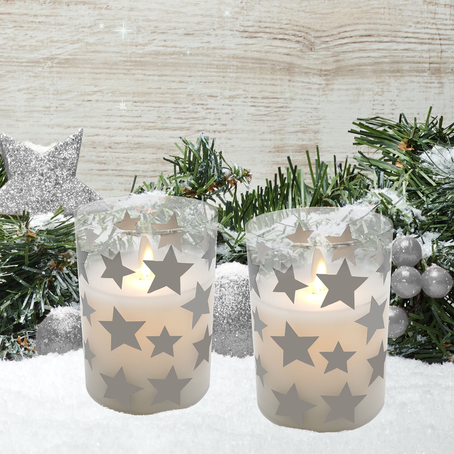 Battery Operated Glass LED Candles with Flickering Flame, Silver Star - Set of 2