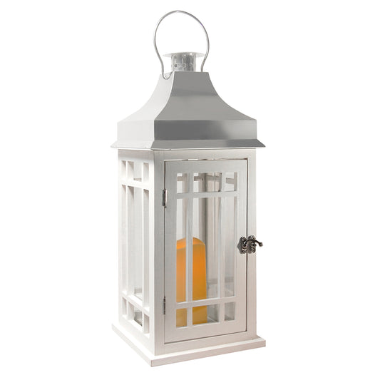 Wooden Lantern with Battery Operated Candle - White with Chrome Roof