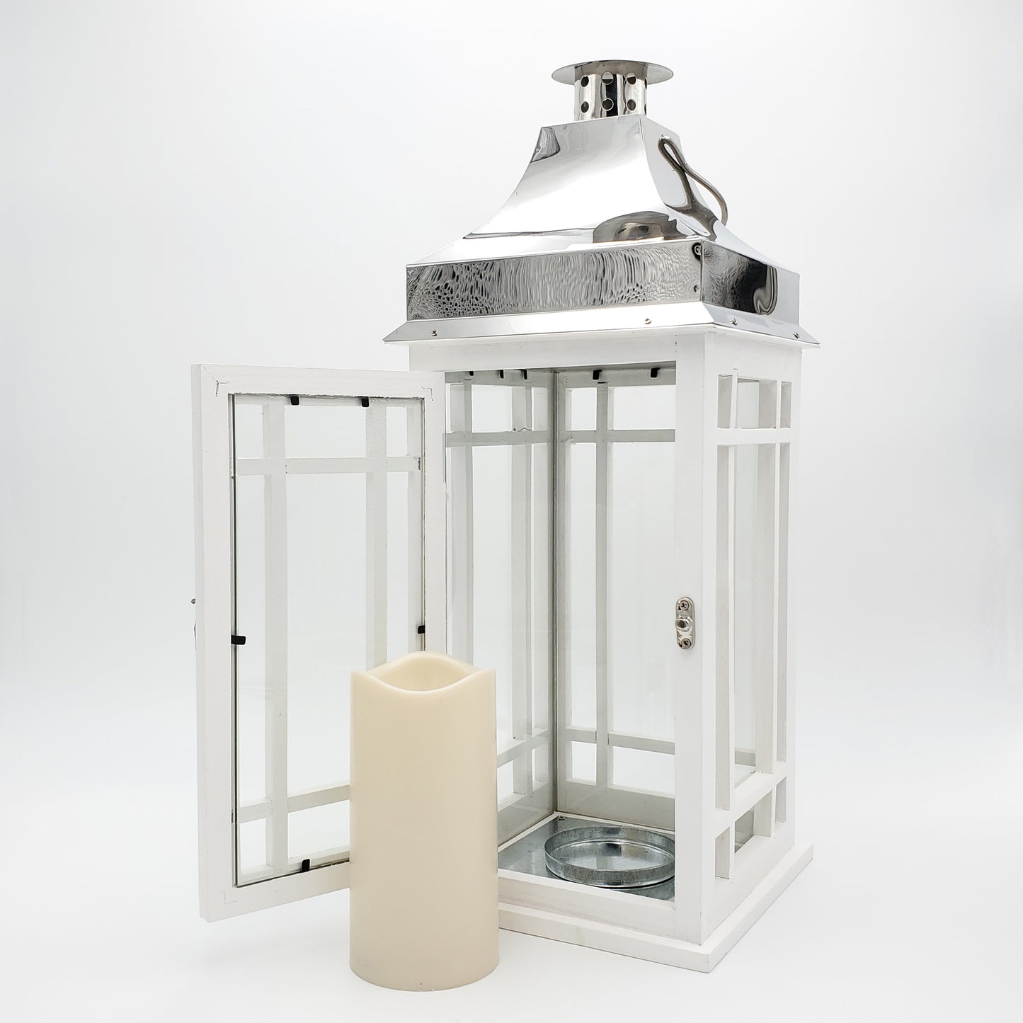 Wooden Lantern with Battery Operated Candle - White with Chrome Roof