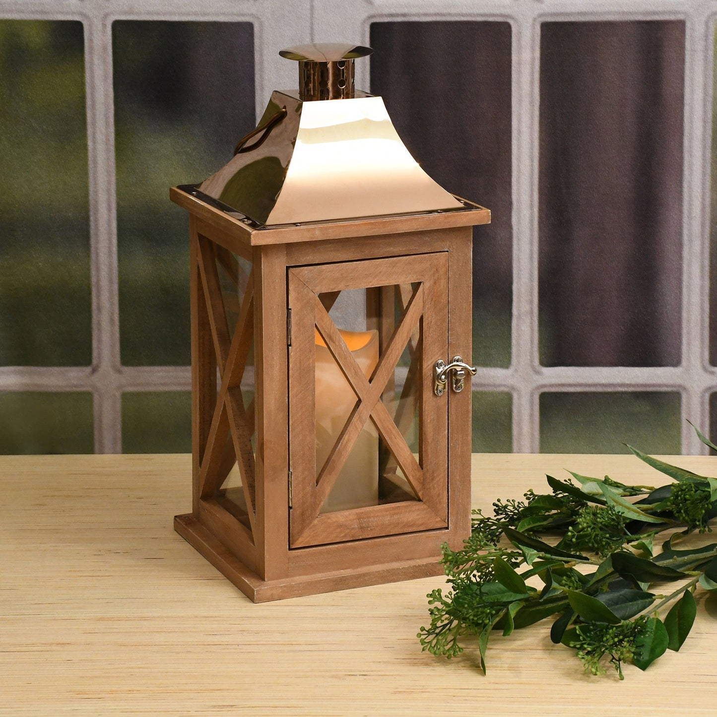 Wooden Lantern with Battery Operated Candle - Natural with Copper Roof