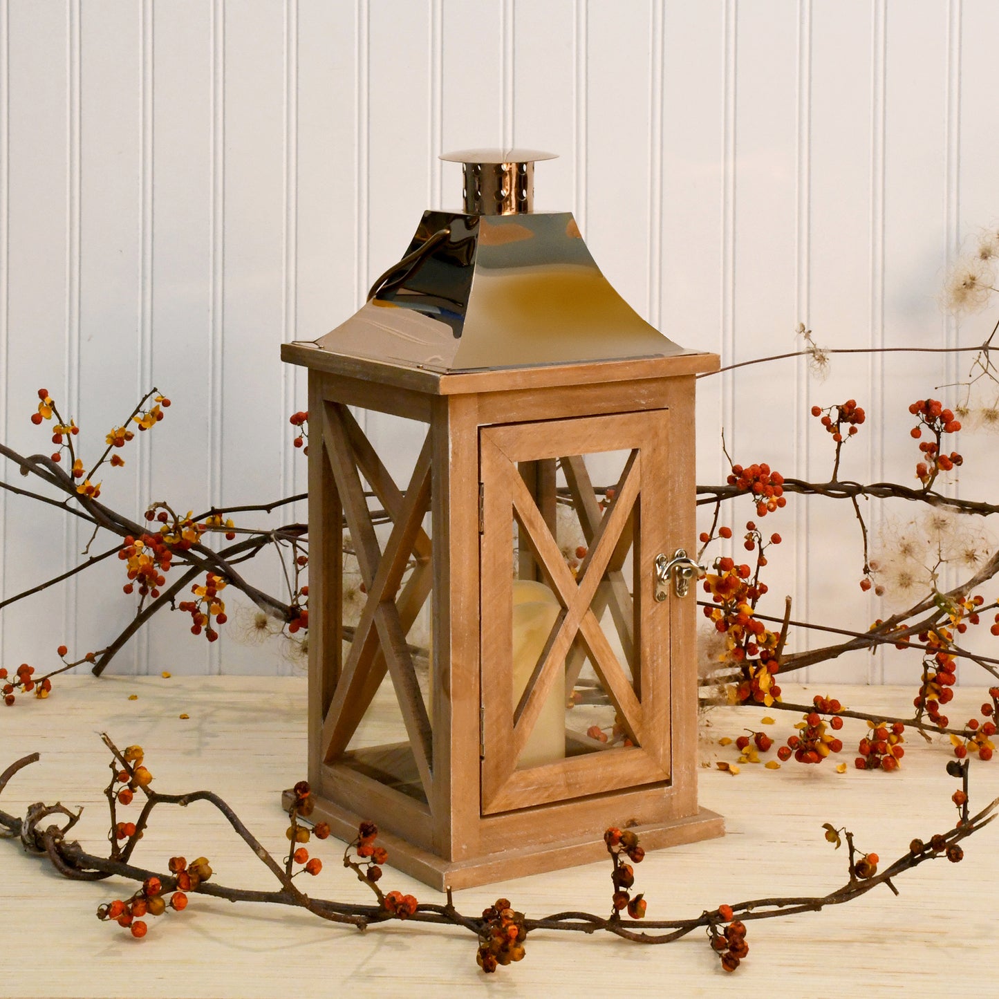 Wooden Lantern with Battery Operated Candle - Natural with Copper Roof