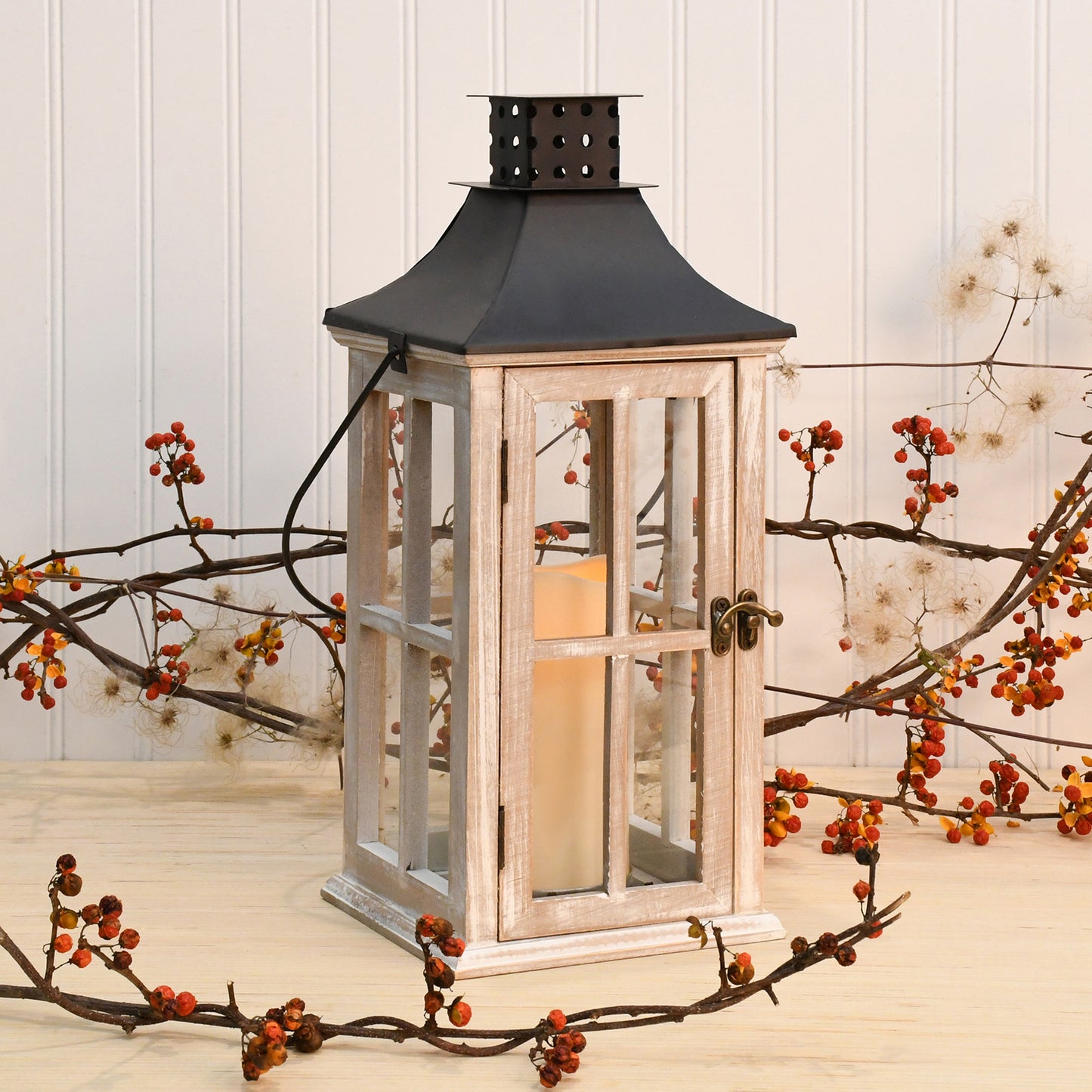 Wooden Lantern with Battery Operated Candle - White Washed with Black Roof