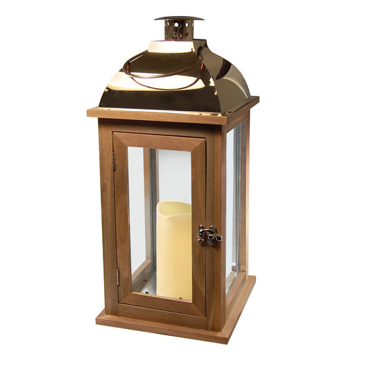 Wooden Lantern with Battery Operated Candle - Brown with Copper Roof