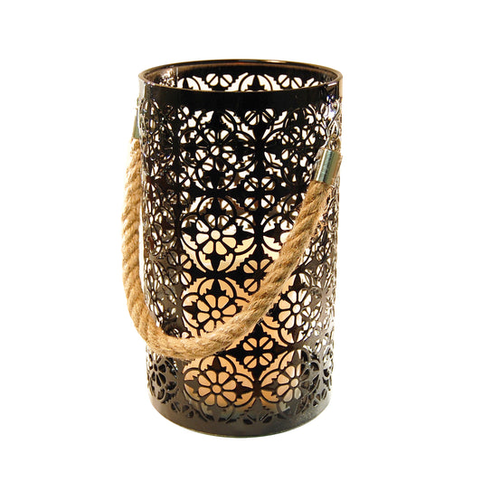 Metal Lantern with Battery Operated Candle - Black Jacquard