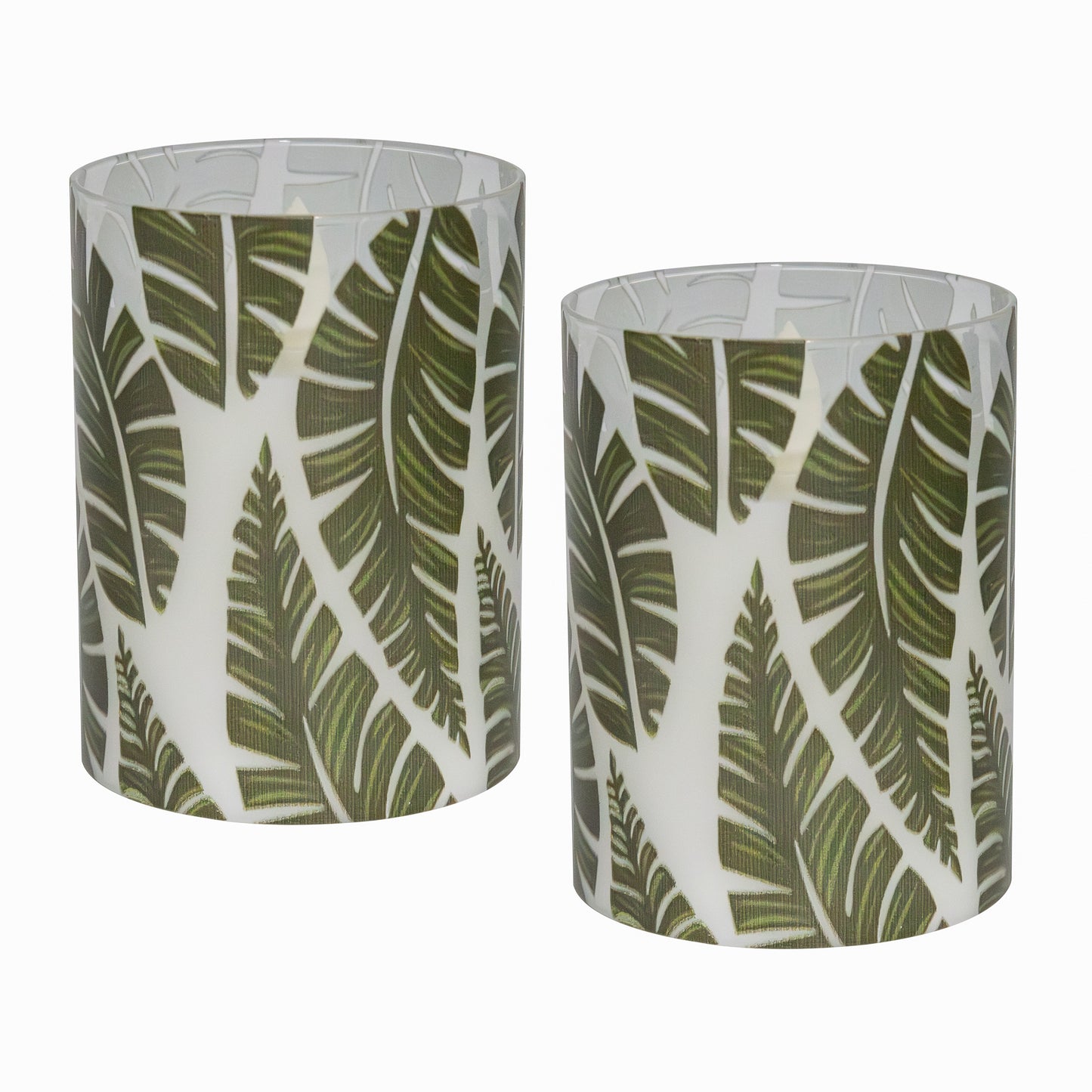 Battery Operated LED Glass Candles with Flickering Flame, Ferns - Set of 2