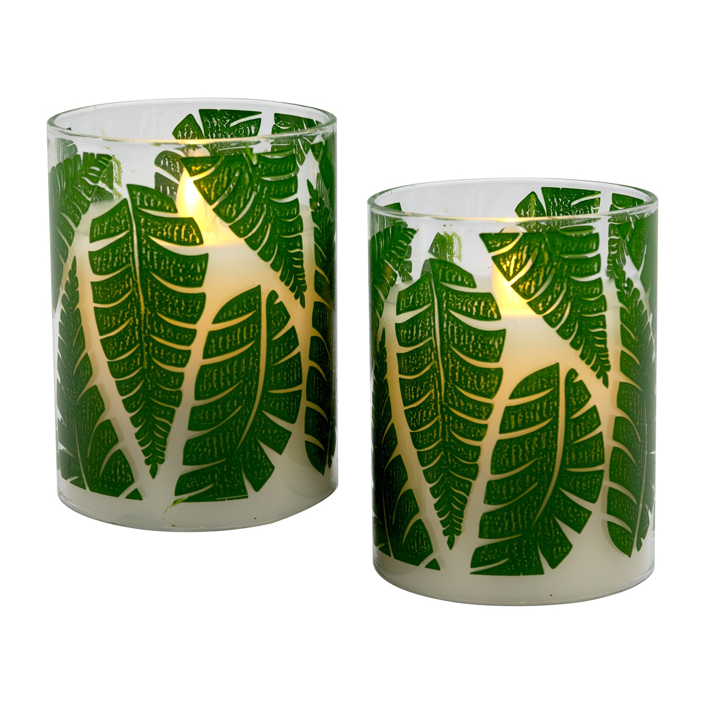 Battery Operated LED Glass Candles with Flickering Flame, Ferns - Set of 2