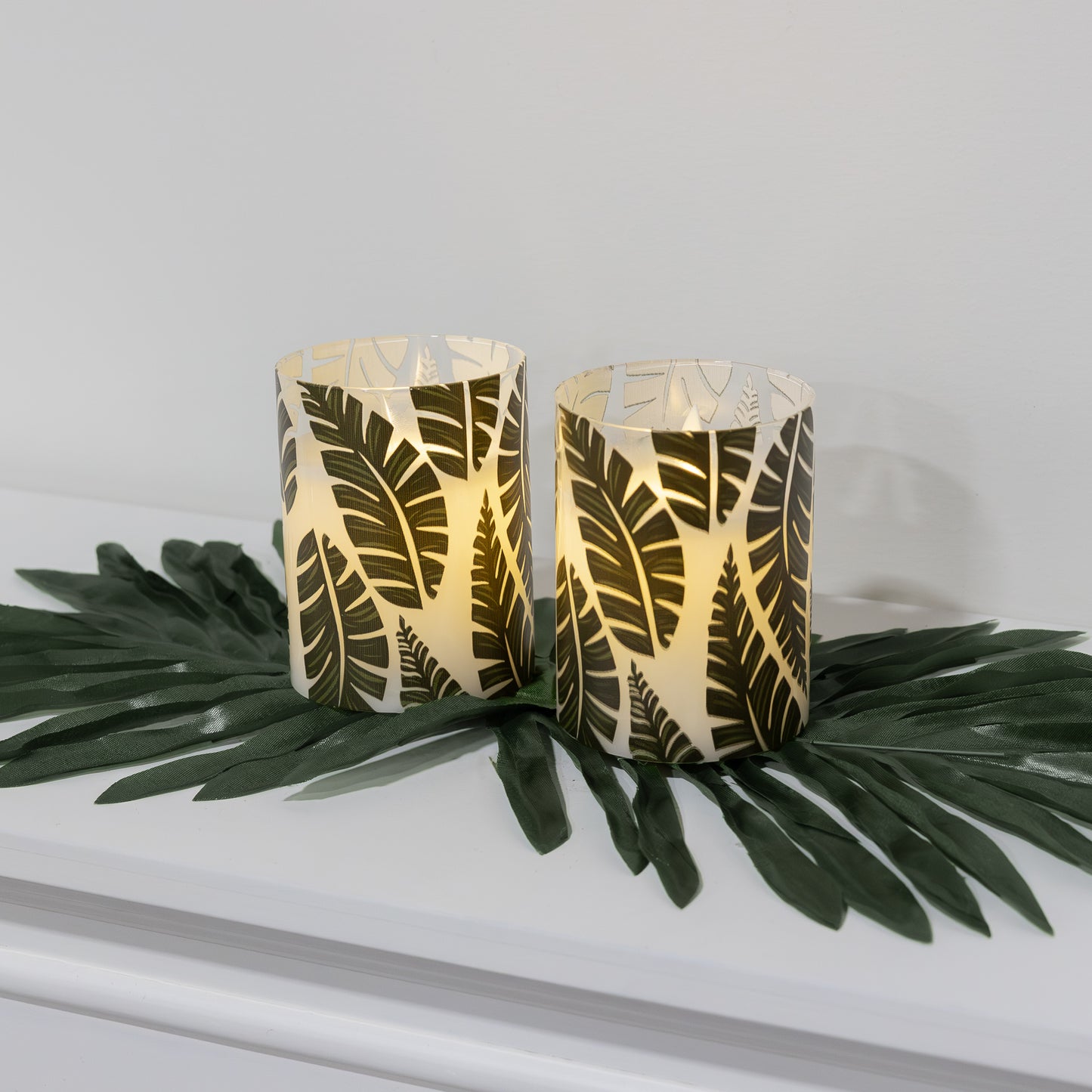 Battery Operated LED Glass Candles with Flickering Flame, Ferns - Set of 2