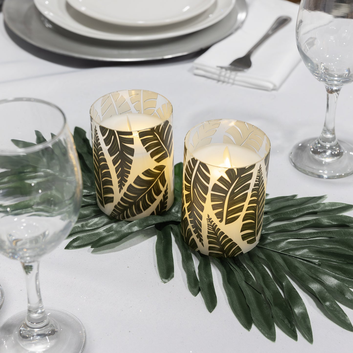 Battery Operated LED Glass Candles with Flickering Flame, Ferns - Set of 2