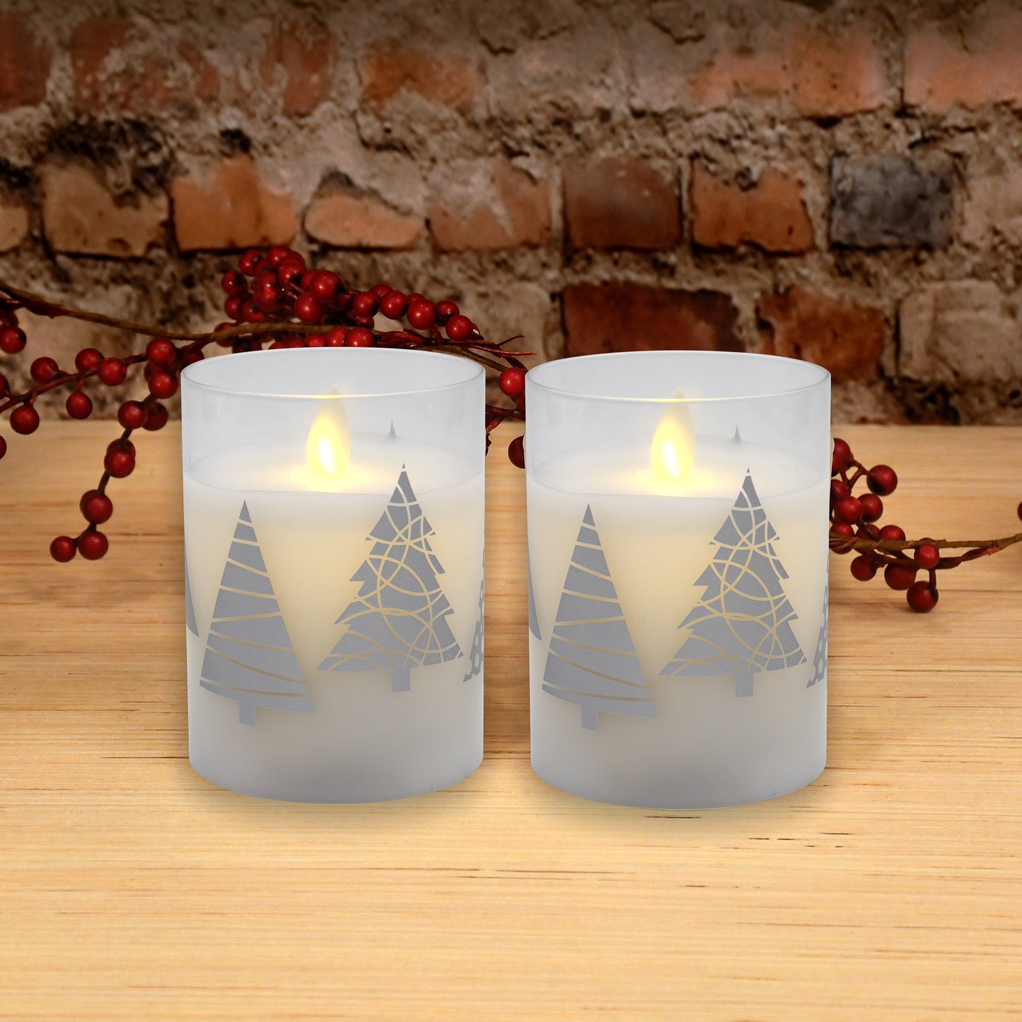 Battery Operated Glass LED Candles, Christmas Trees - Set of 2