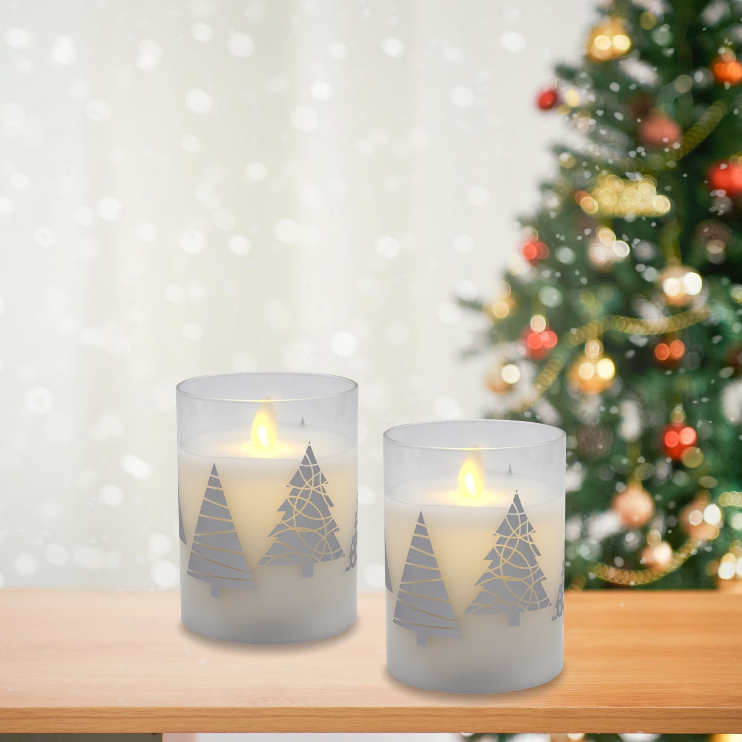 Battery Operated Glass LED Candles, Christmas Trees - Set of 2