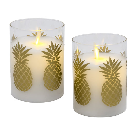 Battery Operated LED Glass Candles with Flickering Flame, Gold Pineapple - Set of 2