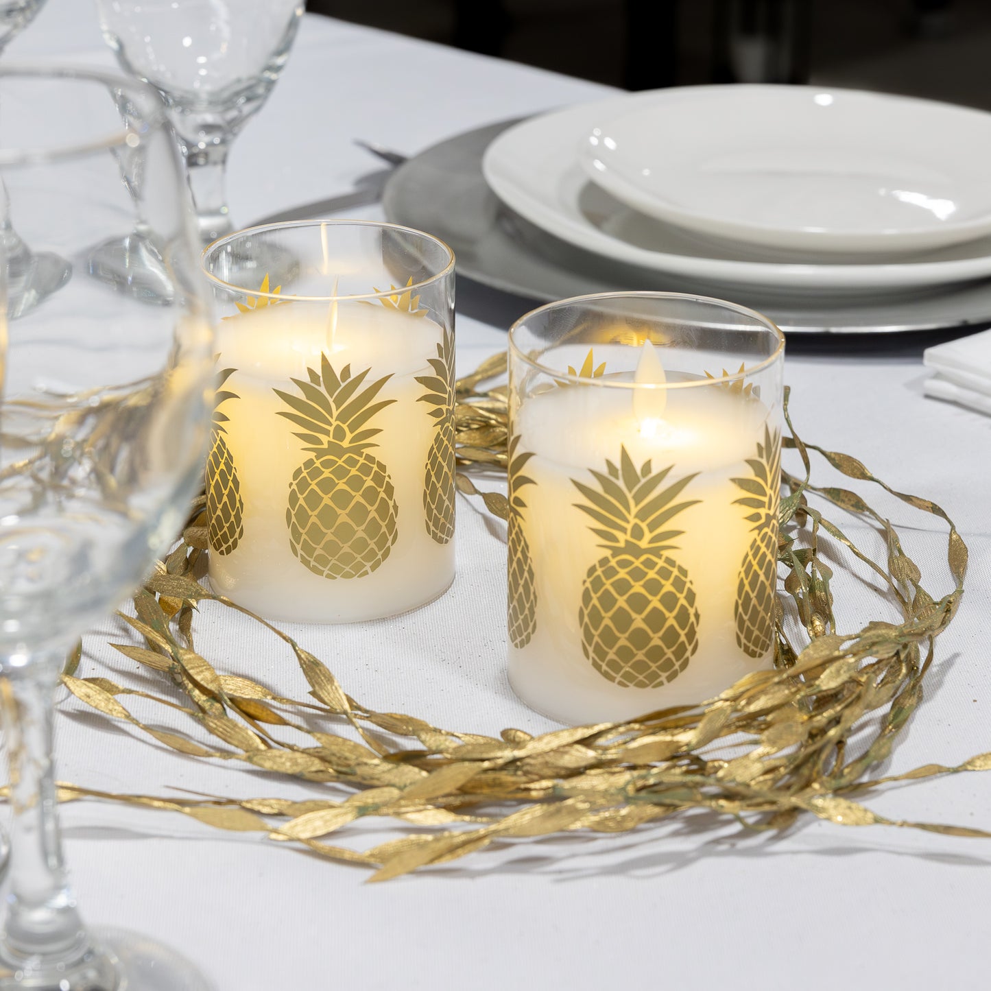 Battery Operated LED Glass Candles with Flickering Flame, Gold Pineapple - Set of 2