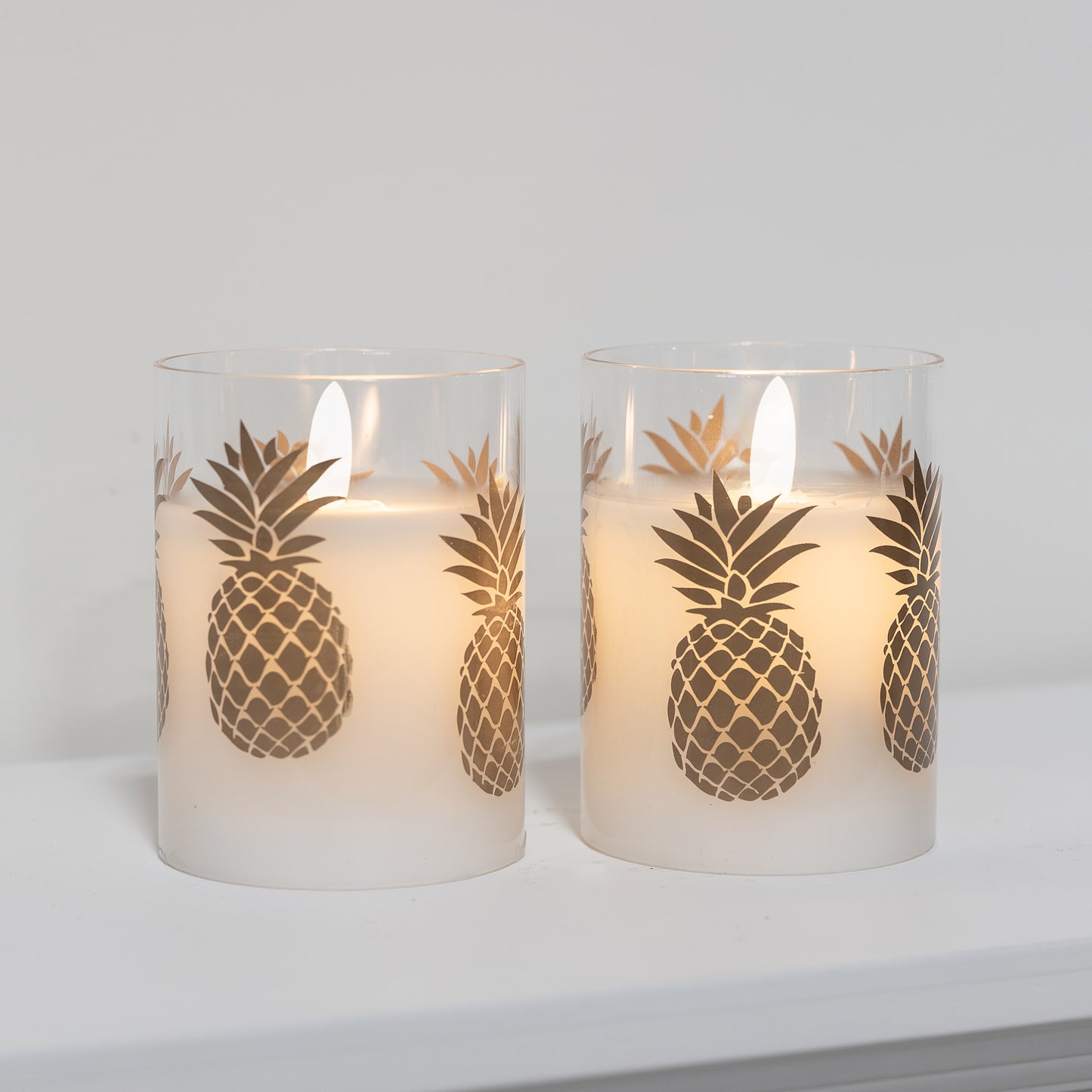 Battery Operated LED Glass Candles with Flickering Flame, Gold Pineapple - Set of 2