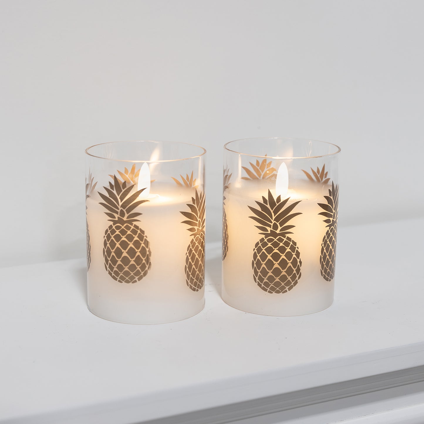 Battery Operated LED Glass Candles with Flickering Flame, Gold Pineapple - Set of 2