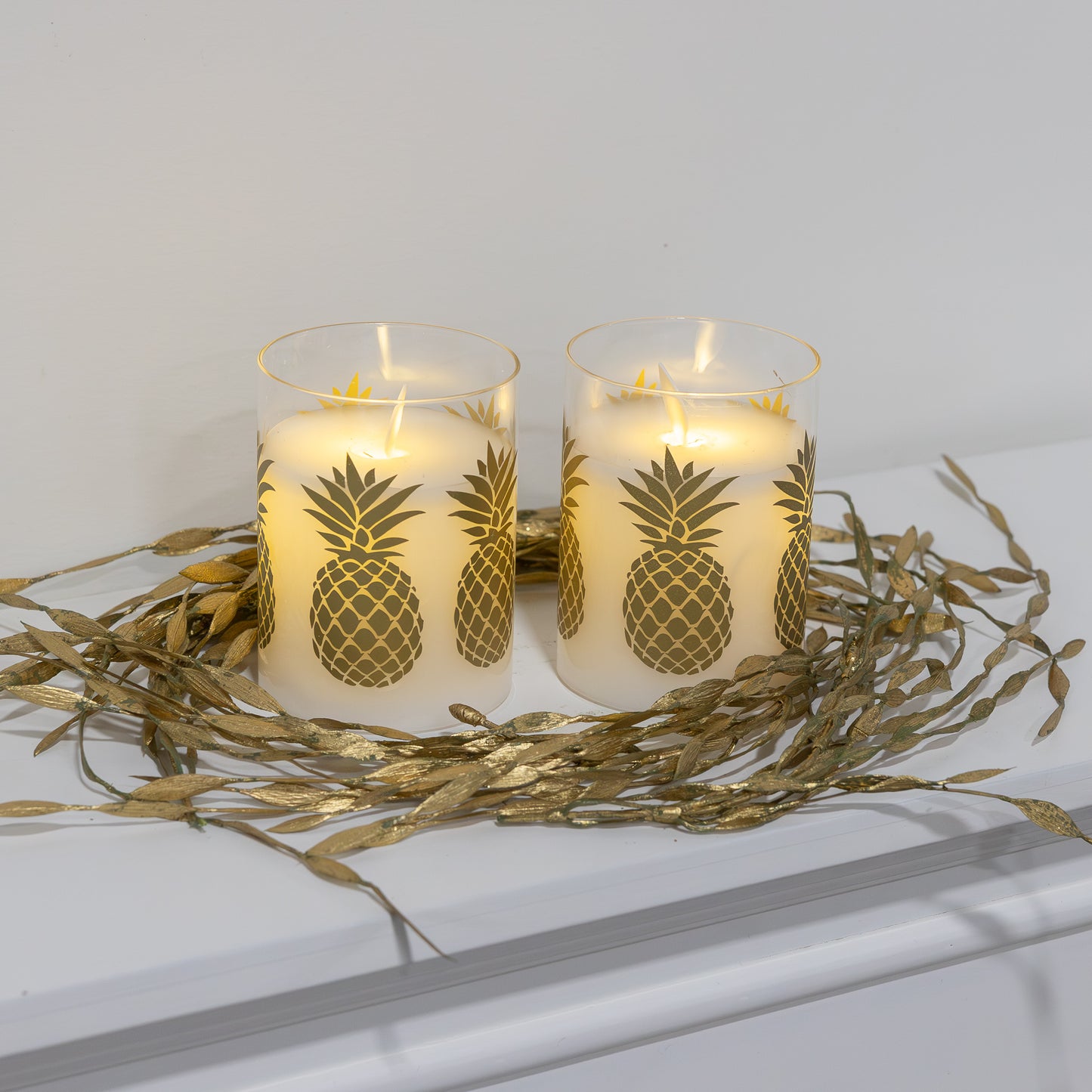 Battery Operated LED Glass Candles with Flickering Flame, Gold Pineapple - Set of 2