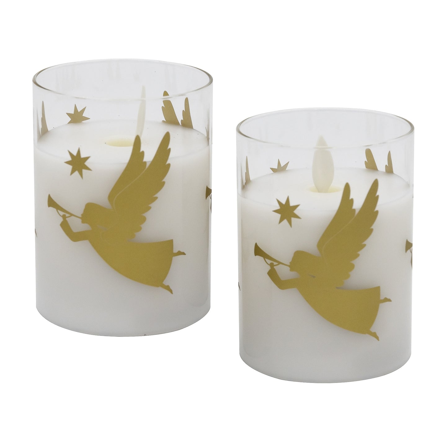 Battery Operated LED Glass Candles with Flickering Flame, Gold Angels - Set of 2