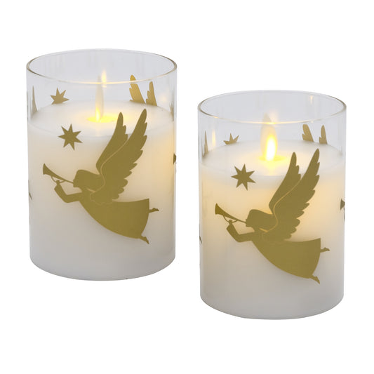 Battery Operated LED Glass Candles with Flickering Flame, Gold Angels - Set of 2