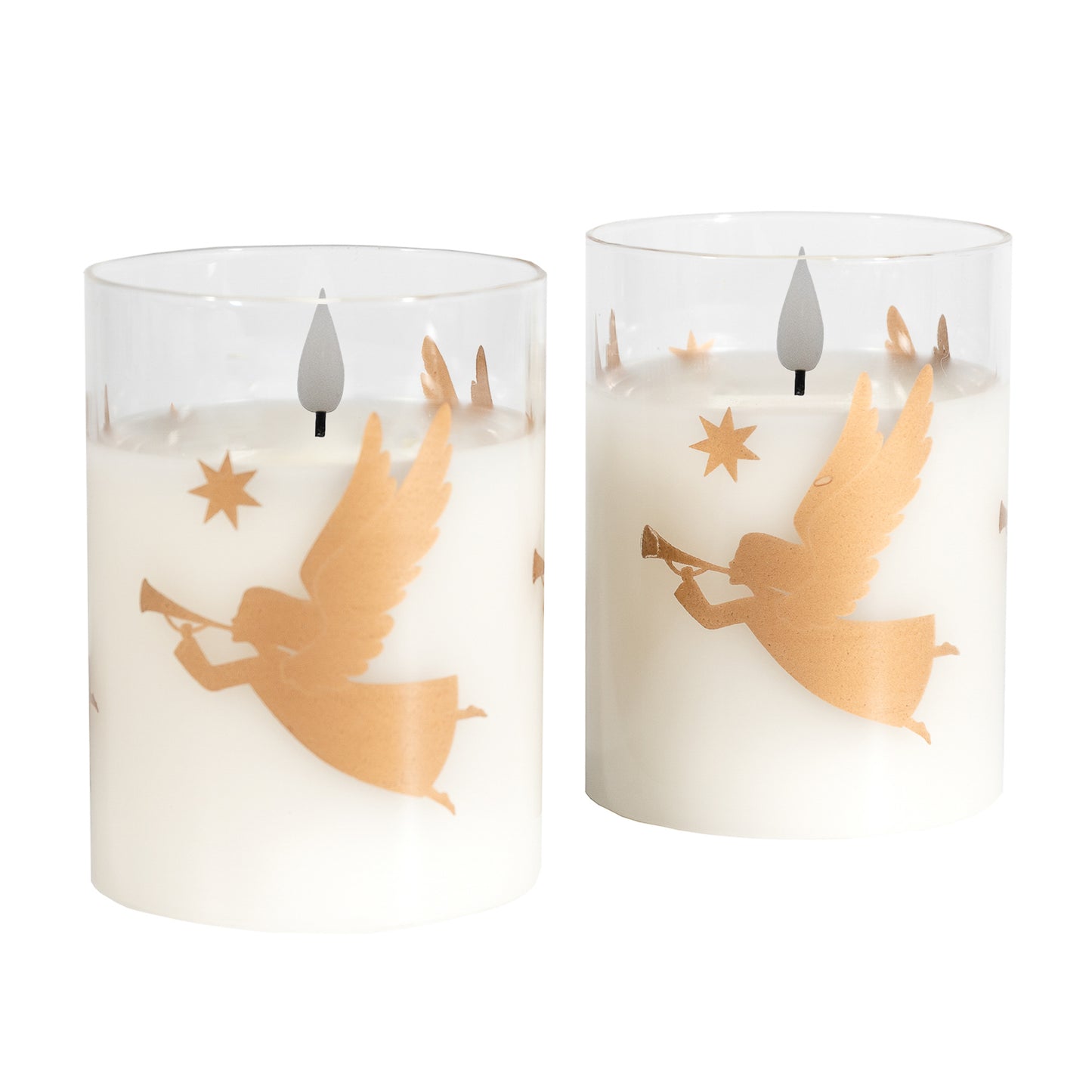 Battery Operated LED Glass Candles with Bullet Flame, Gold Angels - Set of 2