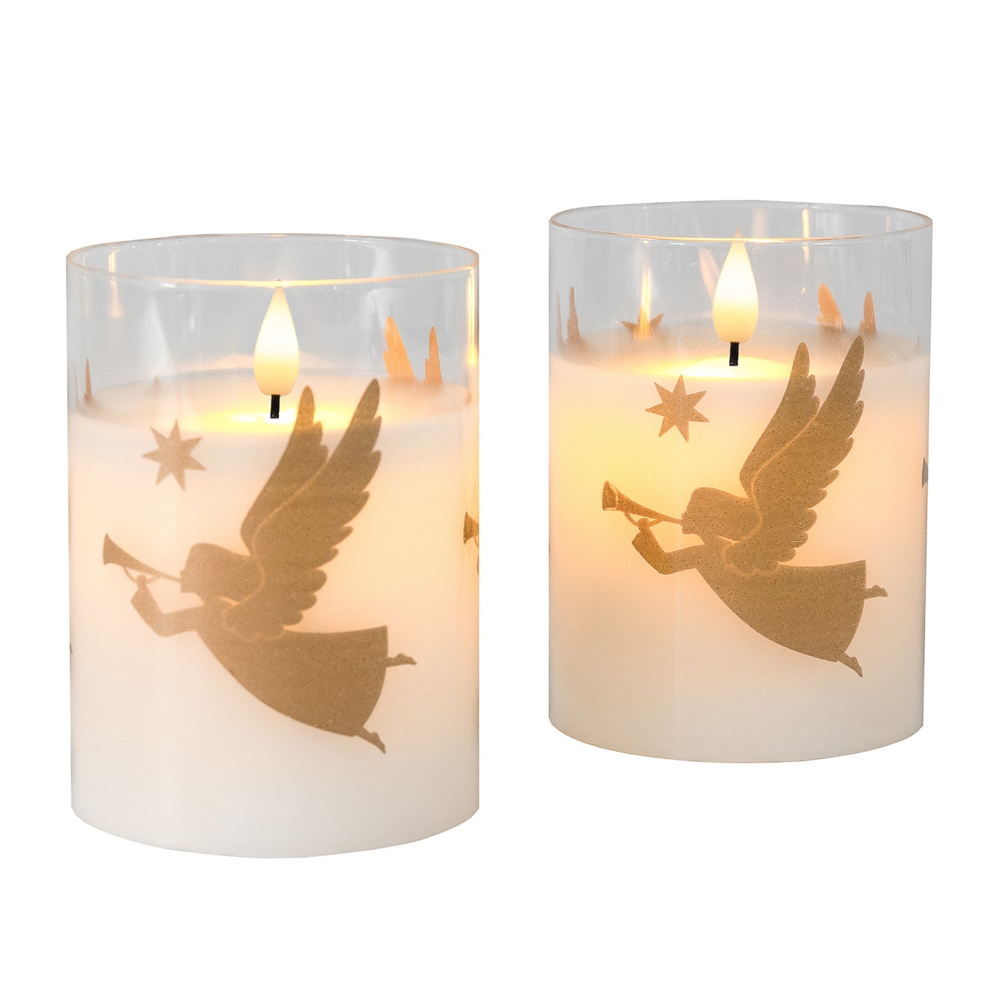 Battery Operated LED Glass Candles with Bullet Flame, Gold Angels - Set of 2