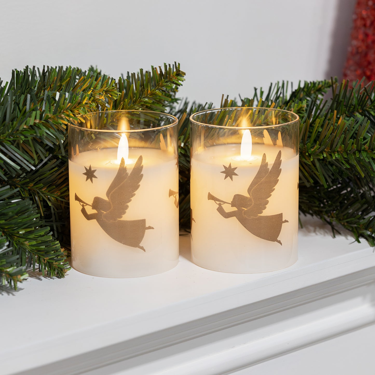 Battery Operated LED Glass Candles with Flickering Flame, Gold Angels - Set of 2