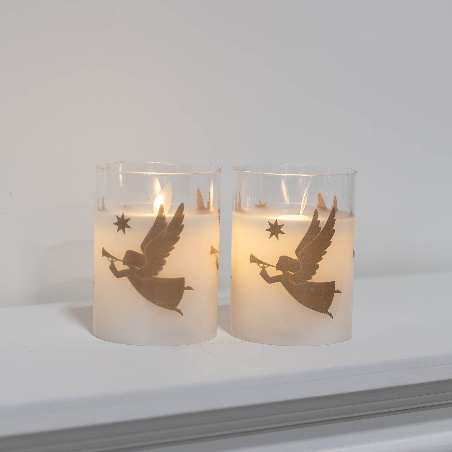 Battery Operated LED Glass Candles with Flickering Flame, Gold Angels - Set of 2