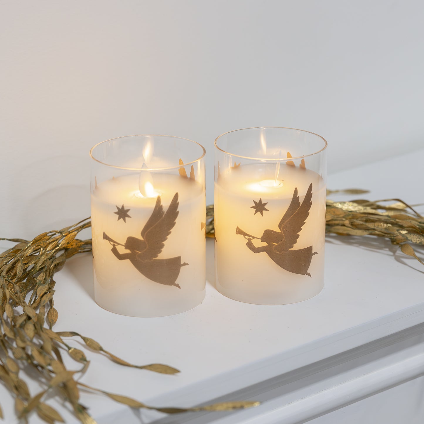 Battery Operated LED Glass Candles with Flickering Flame, Gold Angels - Set of 2