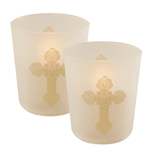 Battery Operated Glass LED Candles, Gold Cross - Set of 2