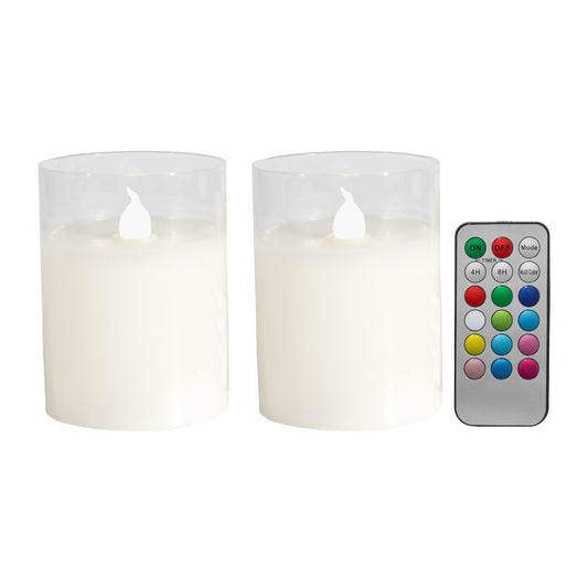 Battery Operated Glass Flickering Flame LED Candles with Remote Control, Multi Function - Set of 2