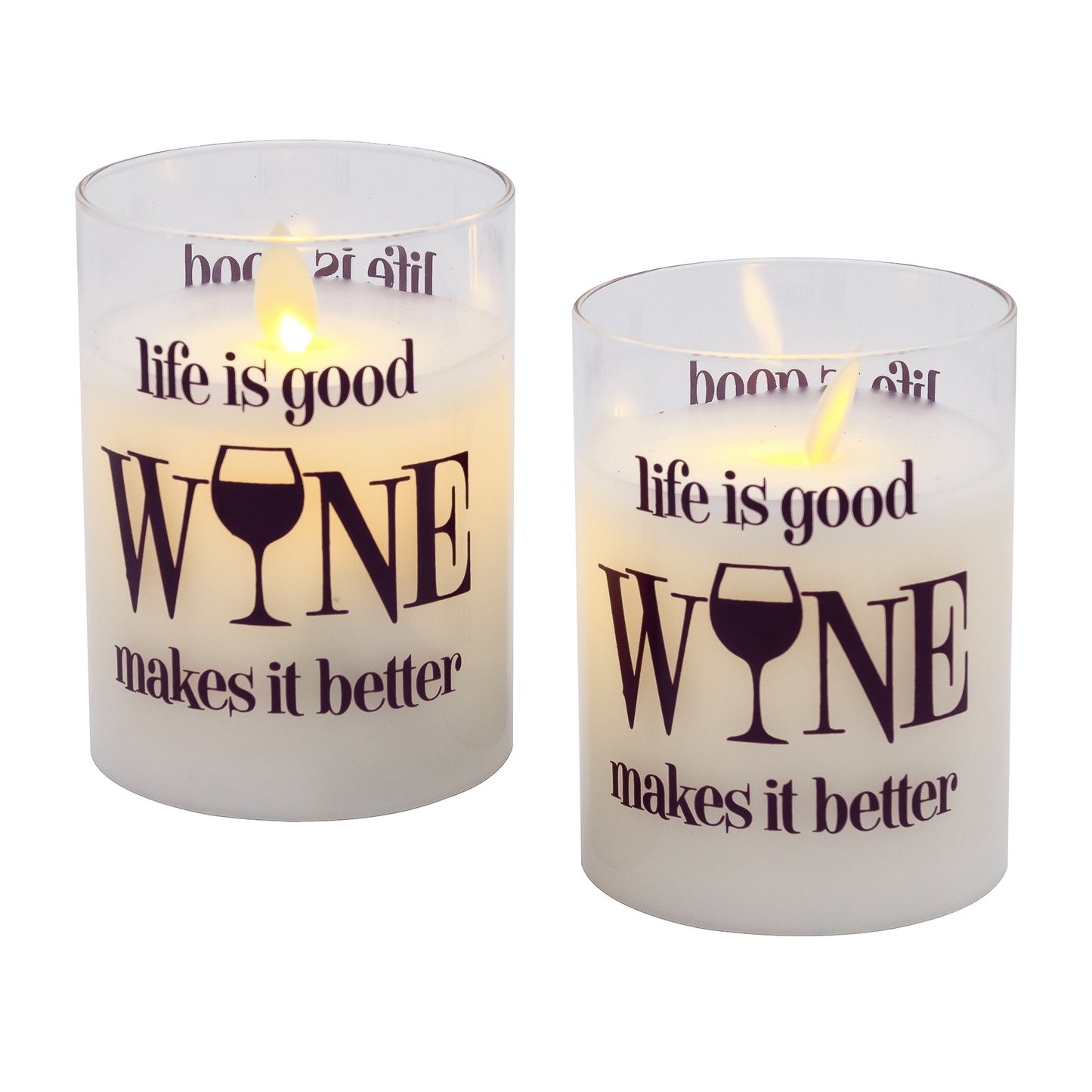 Battery Operated Glass LED Candles with Flickering Flame, Life is Good, Wine Makes it Better - Set of 2