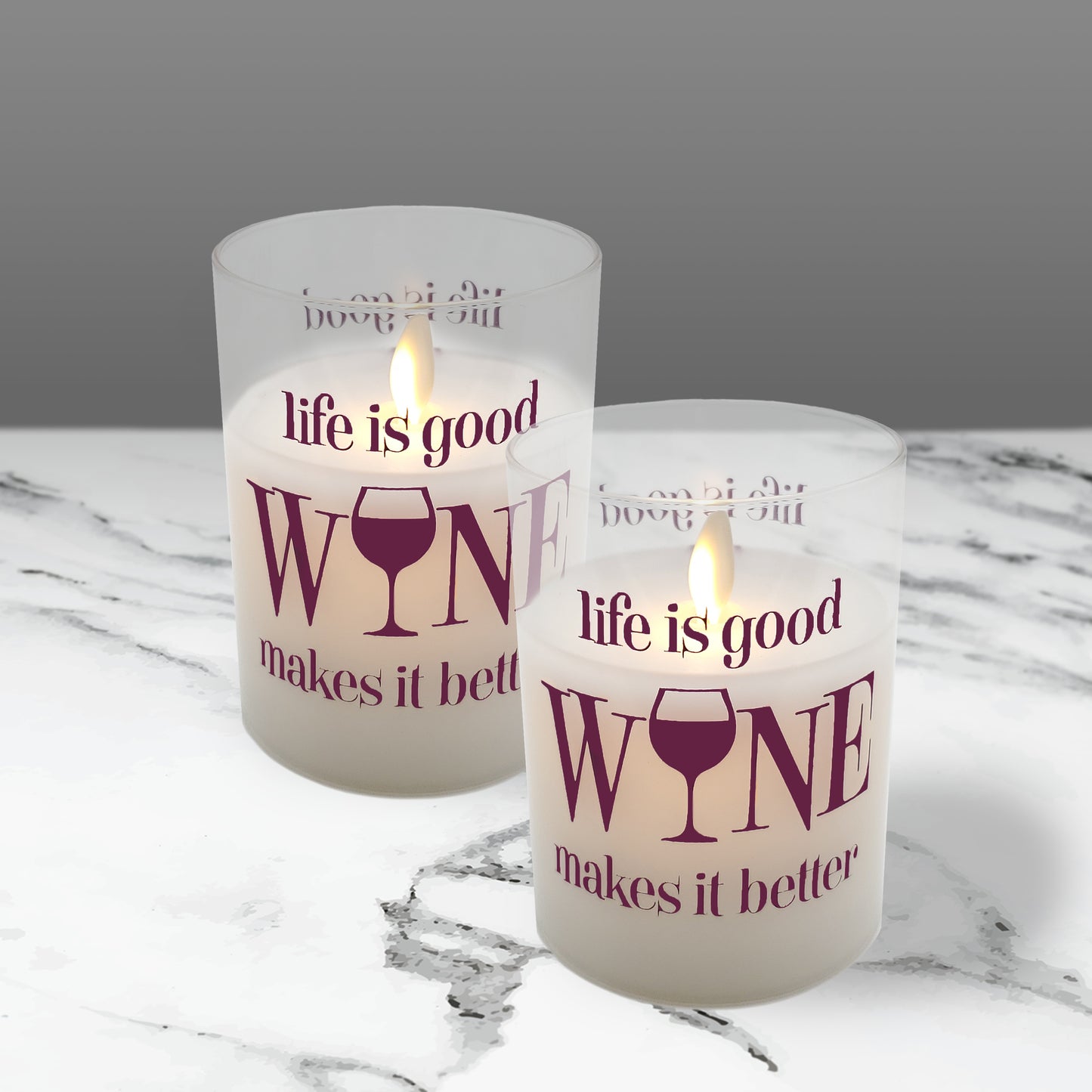 Battery Operated Glass LED Candles with Flickering Flame, Life is Good, Wine Makes it Better - Set of 2