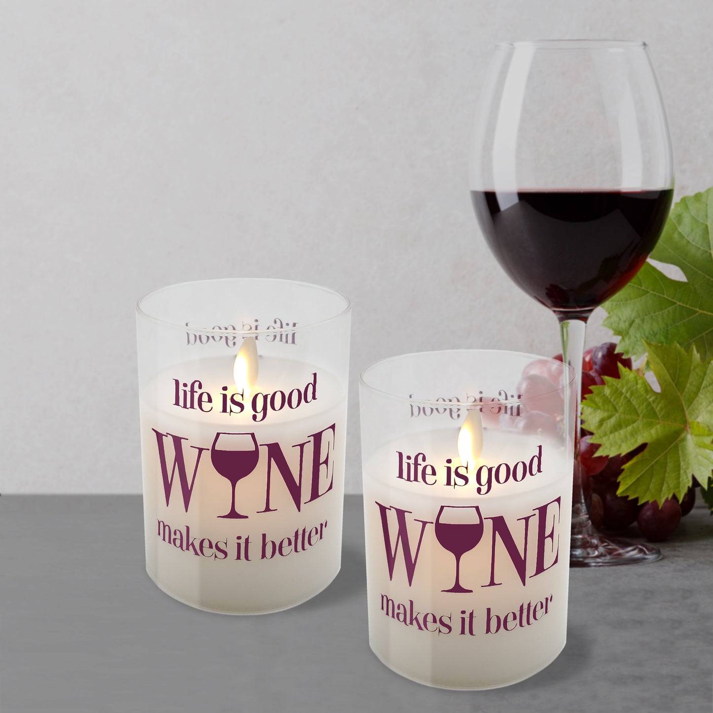 Battery Operated Glass LED Candles with Flickering Flame, Life is Good, Wine Makes it Better - Set of 2