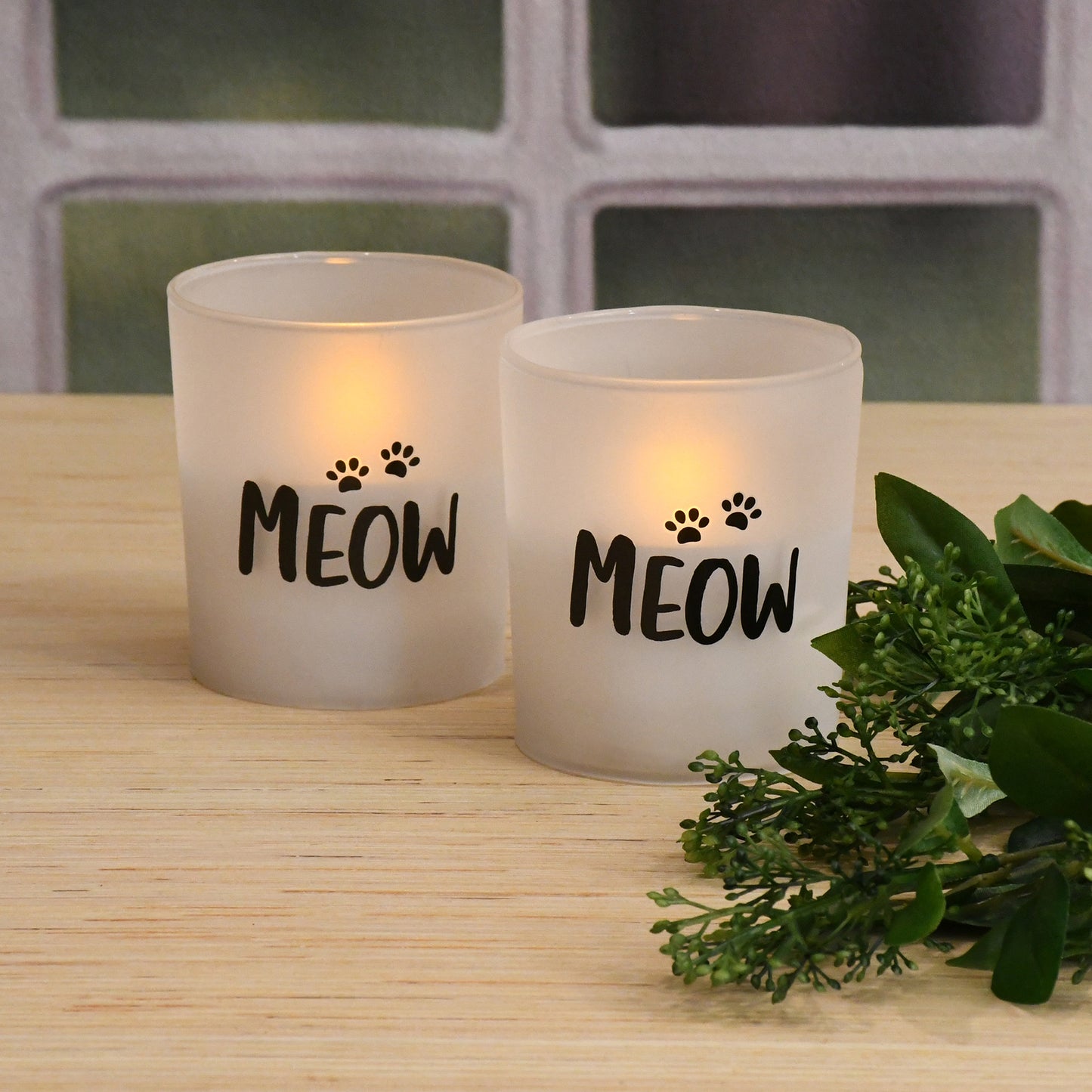 Battery Operated Glass LED Candles, Meow - Set of 2