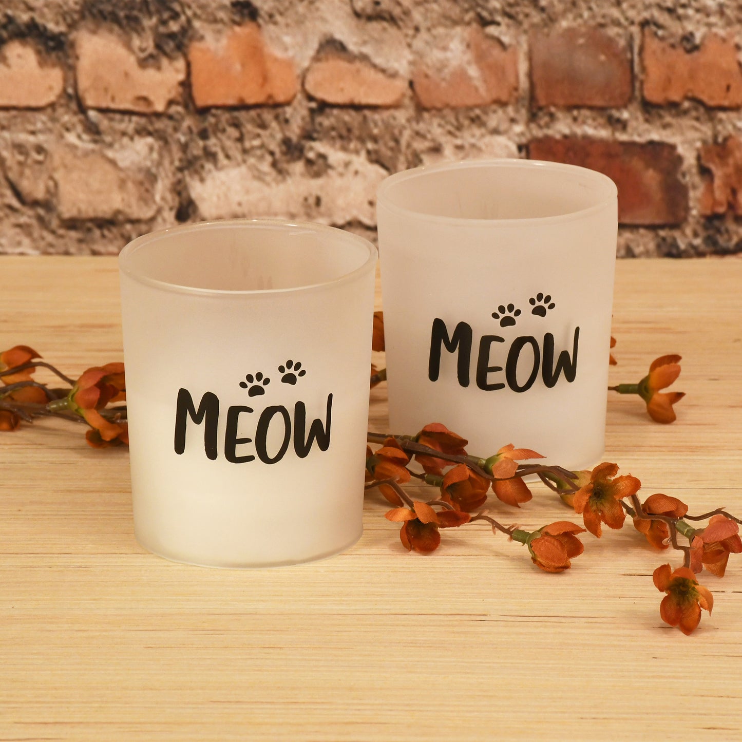 Battery Operated Glass LED Candles, Meow - Set of 2