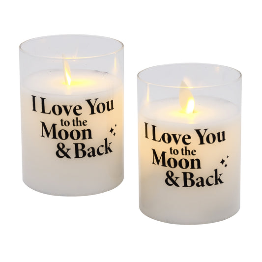 Battery Operated Glass LED Candles, I Love You to the Moon and Back - Set of 2