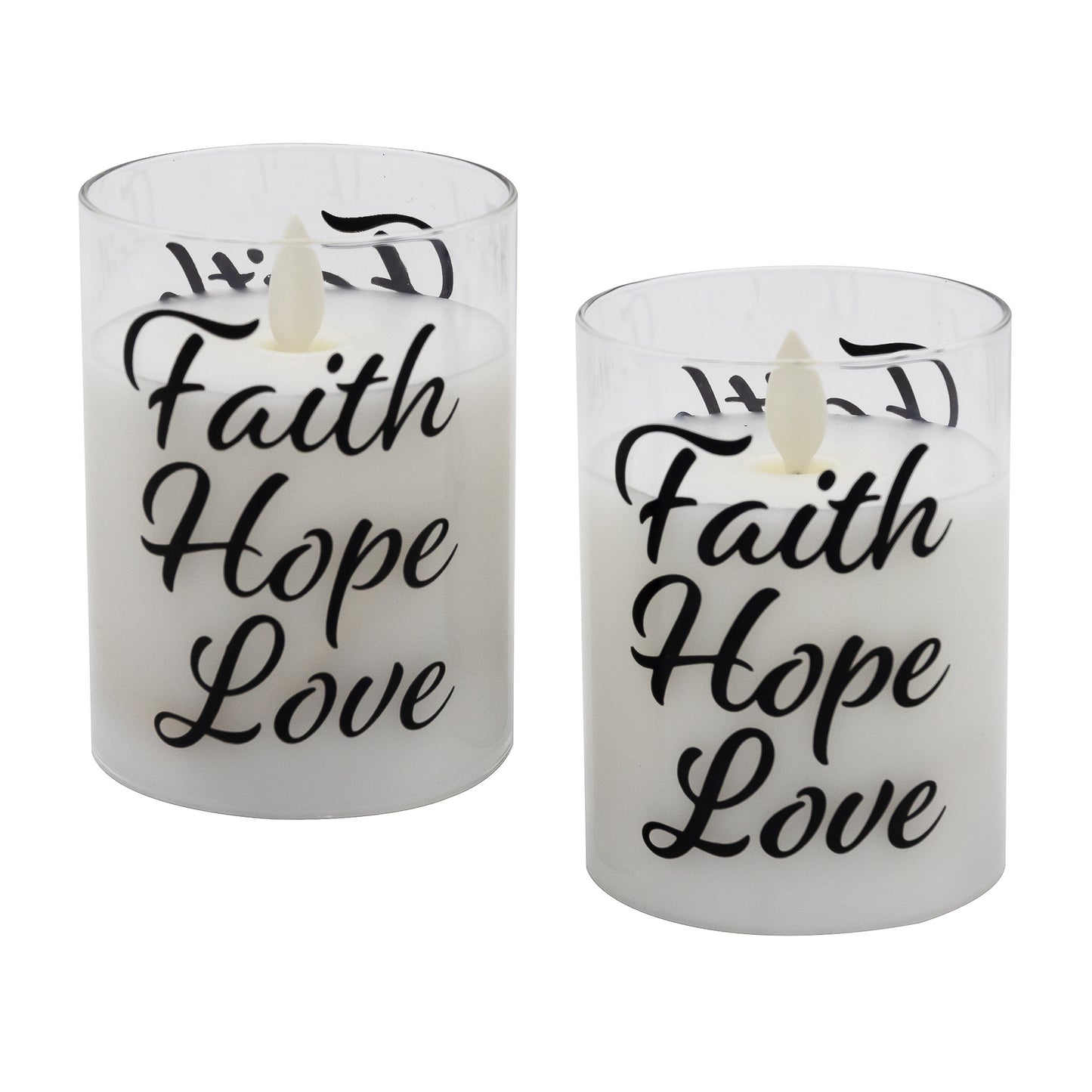 Battery Operated Glass LED Candles with Flickering Flame, Faith Hope Love - Set of 2