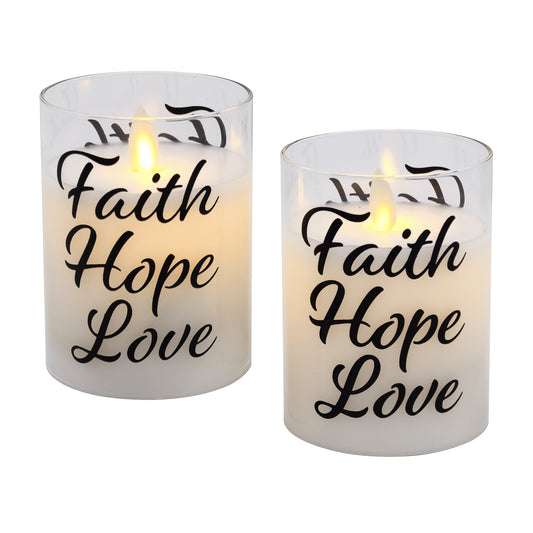 Battery Operated Glass LED Candles with Flickering Flame, Faith Hope Love - Set of 2