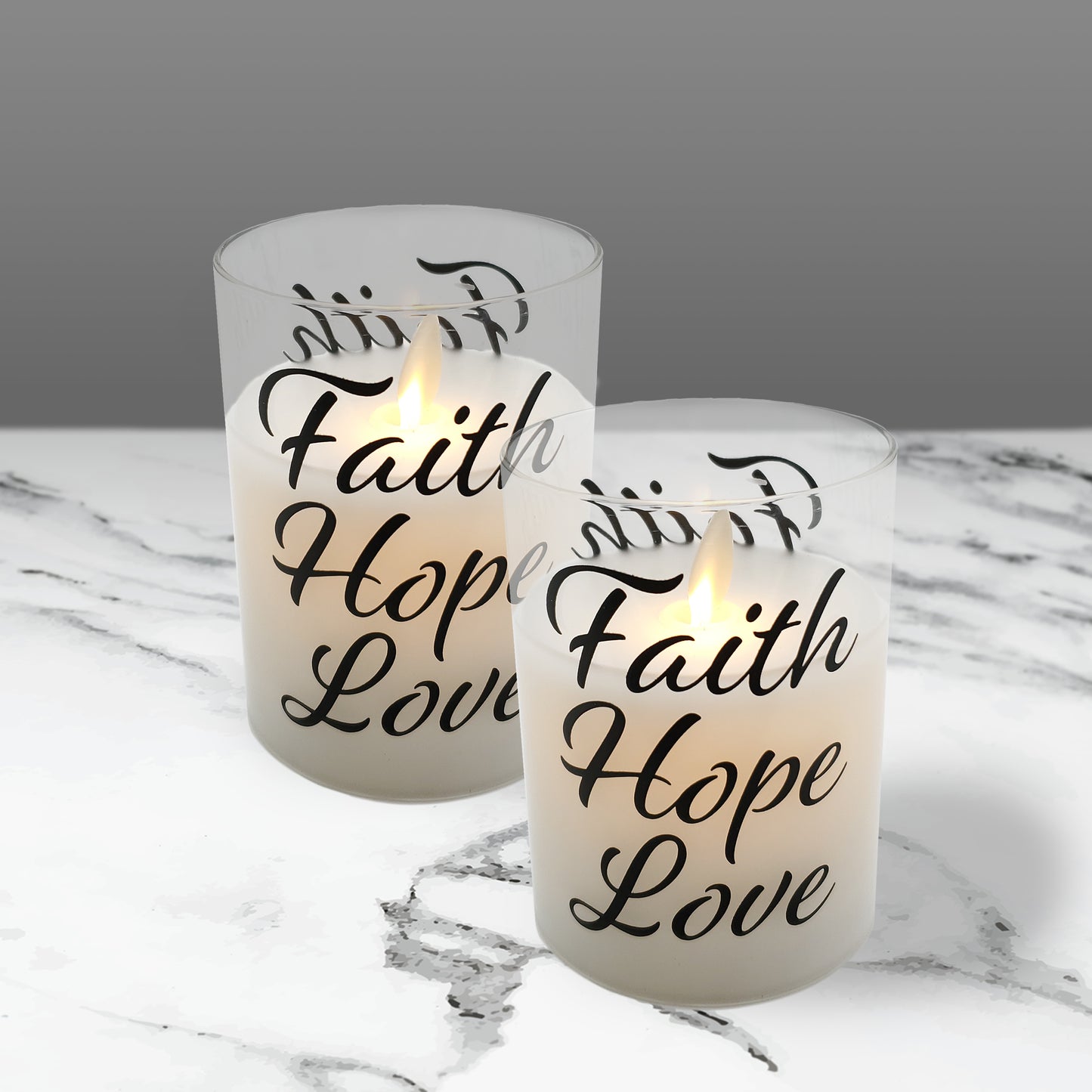 Battery Operated Glass LED Candles with Flickering Flame, Faith Hope Love - Set of 2