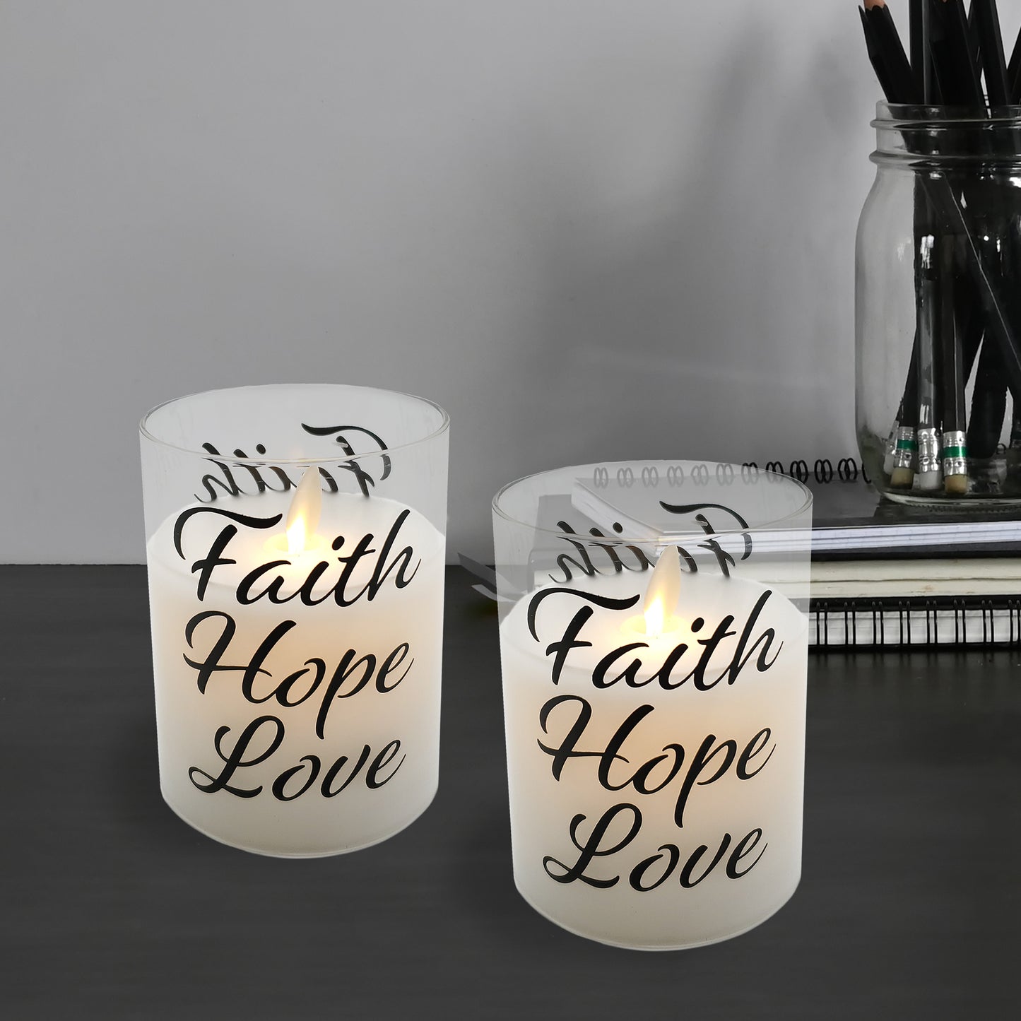 Battery Operated Glass LED Candles with Flickering Flame, Faith Hope Love - Set of 2