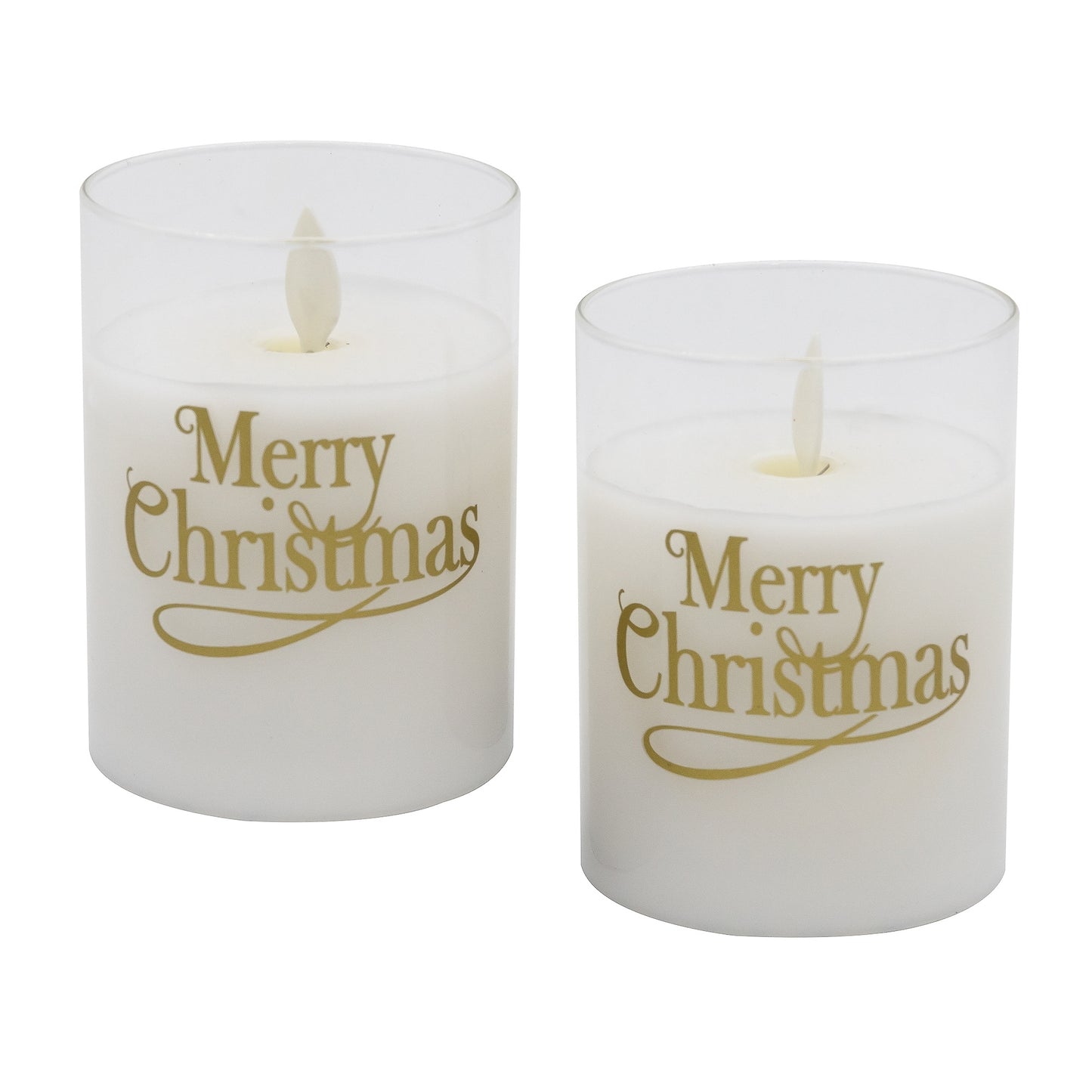 Battery Operated Glass LED Candles with Flickering Flame, Merry Christmas - Set of 2
