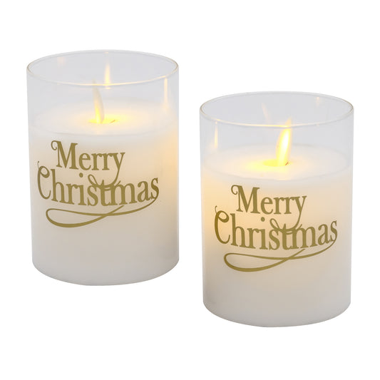 Battery Operated Glass LED Candles with Flickering Flame, Merry Christmas - Set of 2