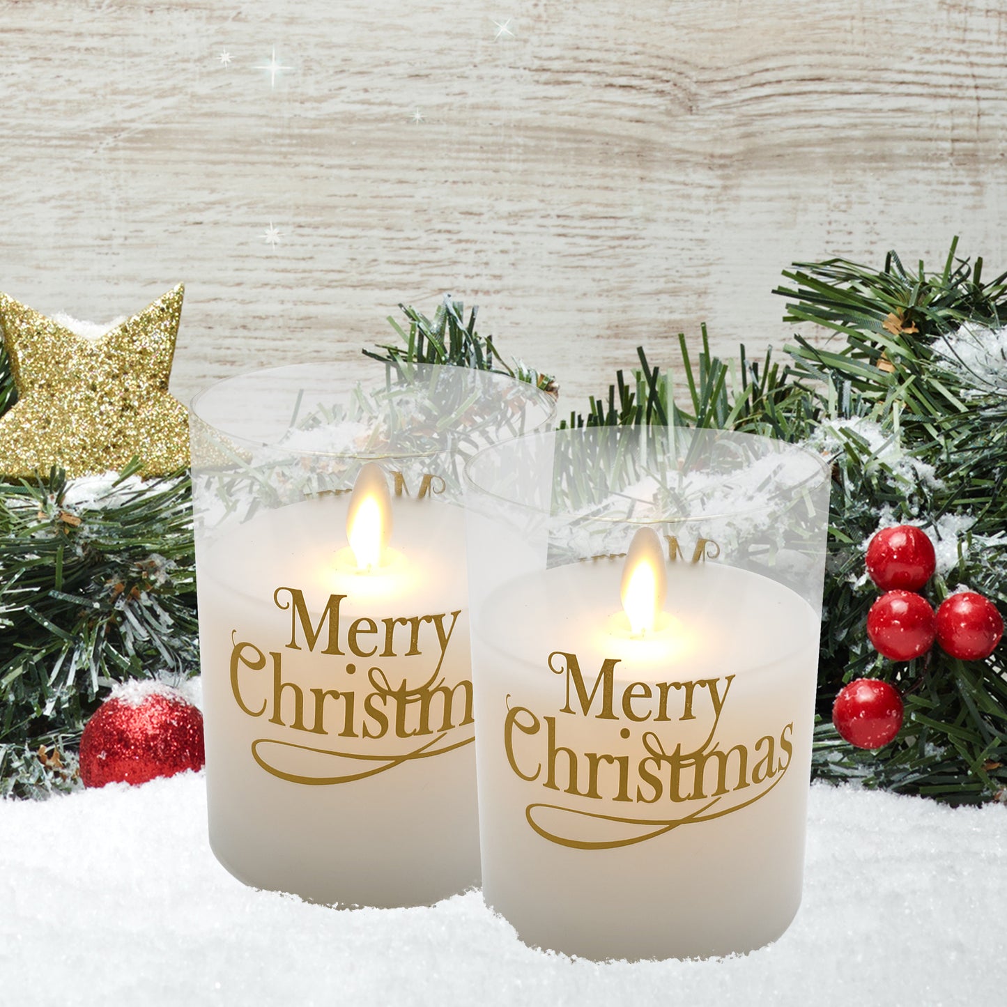 Battery Operated Glass LED Candles with Flickering Flame, Merry Christmas - Set of 2